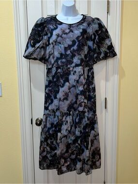 Marie Oliver Womens Linen Silk Tiered Multicolor Midi Dress Sz XL Whimsigoth